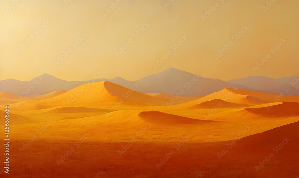 Golden Desert Dunes at Sunrise with Distant Mountain Peaks and Warm Orange Sky Golden Desert Dunes at Sunrise with Distant Mountain Peaks and Warm Orange Sky