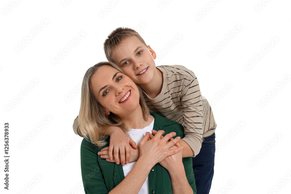 Mother and son hugging on white background Mother and son hugging on white background