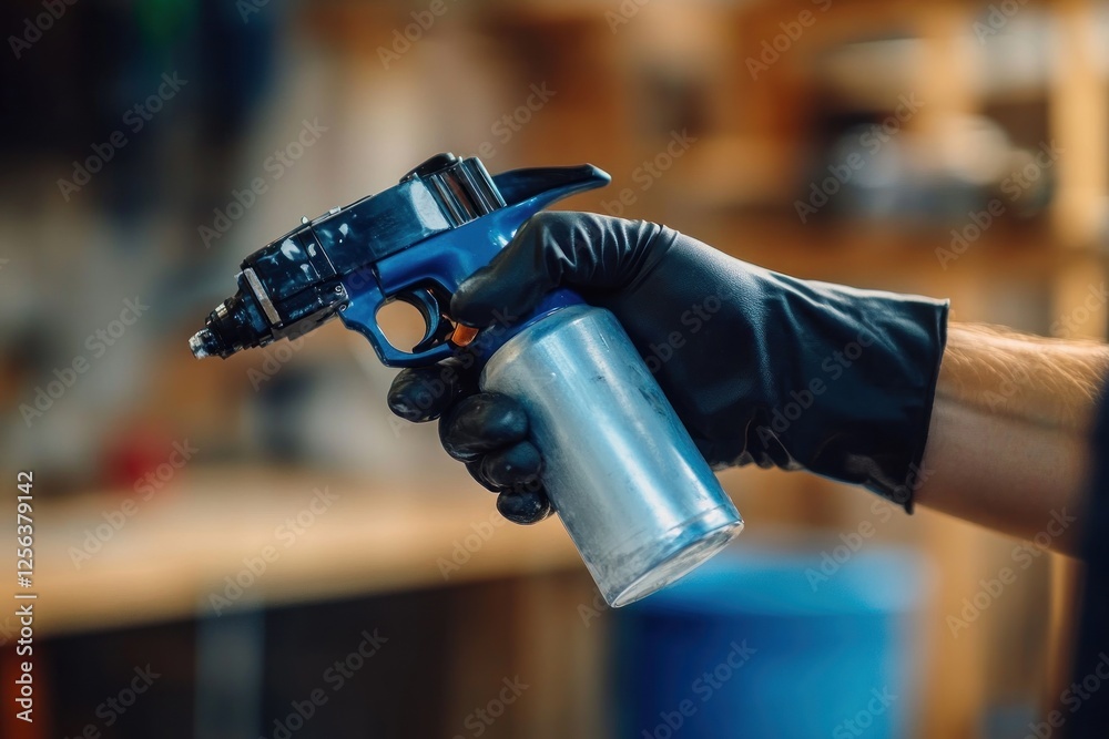 Naklejka premium Close-up of a Person's Hand in a Black Glove Holding a Spray Gun