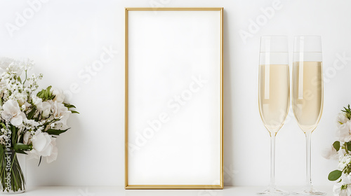 Elegant celebration scene with a blank frame, champagne glasses, and delicate floral arrangements on a white surface. Perfect for a special occasion.
