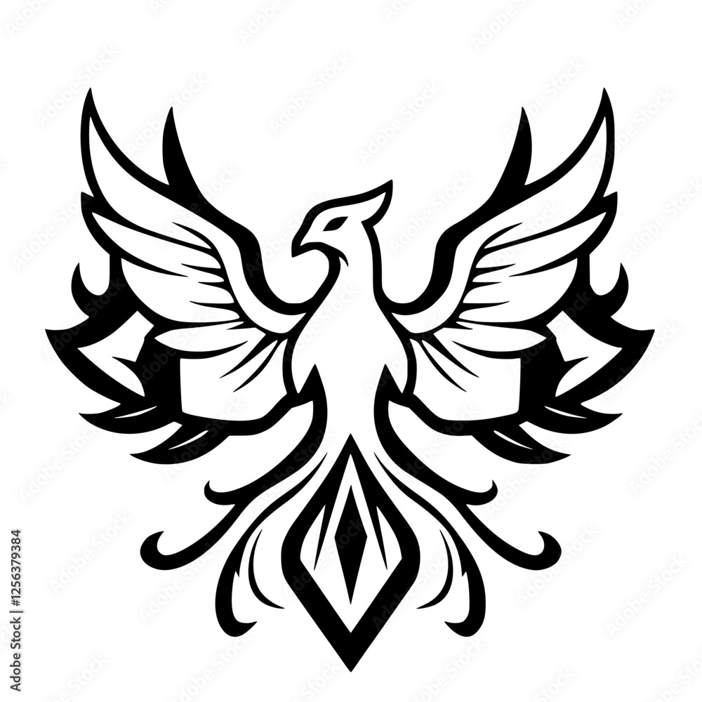 Fototapeta premium Emblematic Phoenix: A stylized, black and white illustration depicting a phoenix with wings open, rising up.