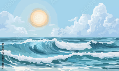 Minimalist Vector Painting of Ocean Waves Under Bright Sun and Clouds