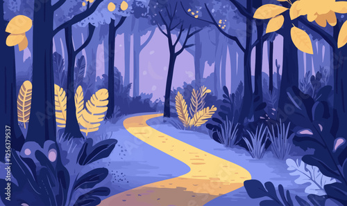 Enchanted Forest Pathway: Mysterious Cartoon Landscape Illustration for Fairy Tale Worlds