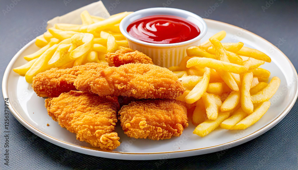Crispy chicken tenders with a side of crispy French fries. Generated AI Crispy chicken tenders with a side of crispy French fries. Generated AI