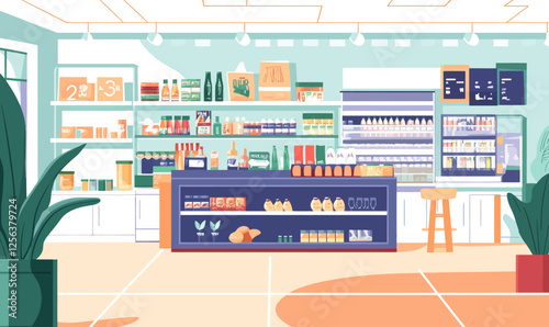 Minimalistic Supermarket Interior Vector Illustration with Shelves and Products