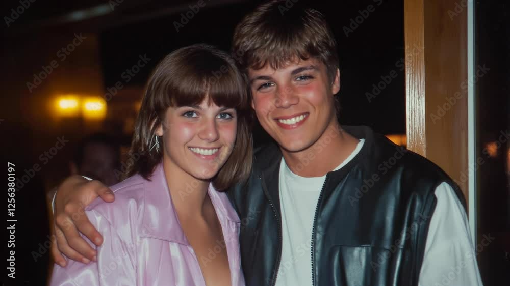 young couple dating assisting to a party in the 1980s young couple dating assisting to a party in the 1980s