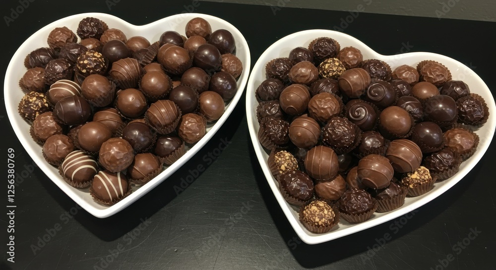 Fototapeta premium Two heart-shaped platters filled with a variety of chocolates the heart-shaped platters are white made of ceramic filled with chocolate balls chocolate truffles