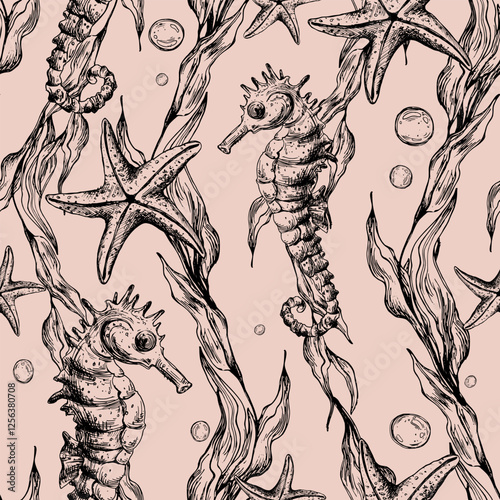 Underwater world clipart with sea animals seahorse, starfish, bubbles and algae. Graphic illustration hand drawn in black ink. Seamless pattern EPS vector on a coral background.