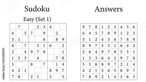 Sudoku Puzzle 9x9 Set 1 Easy with Answers, Fun Brain-Training Game for Kids, Teens and Adults, Vector