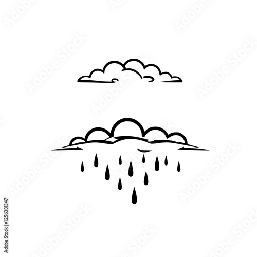 Black line drawing, clouds, rain, white background.