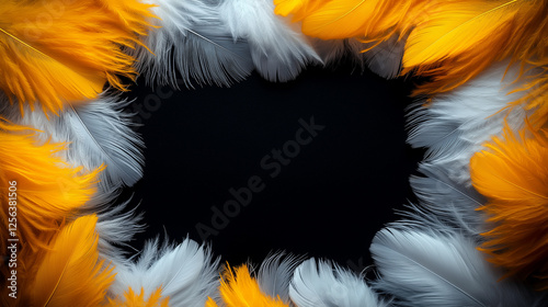 Elegant white and golden feathers on dark background symbolizing contrast, softness, lightness, purity, luxury, artistic creativity, and delicate abstract composition photo