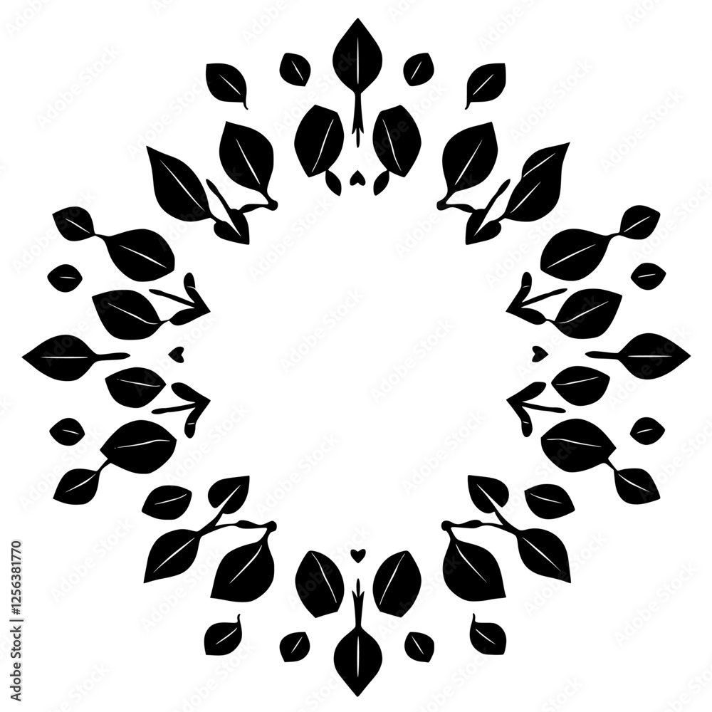Fototapeta premium Abstract black and white floral border with a circular arrangement of leaves, arranged in a circular pattern.