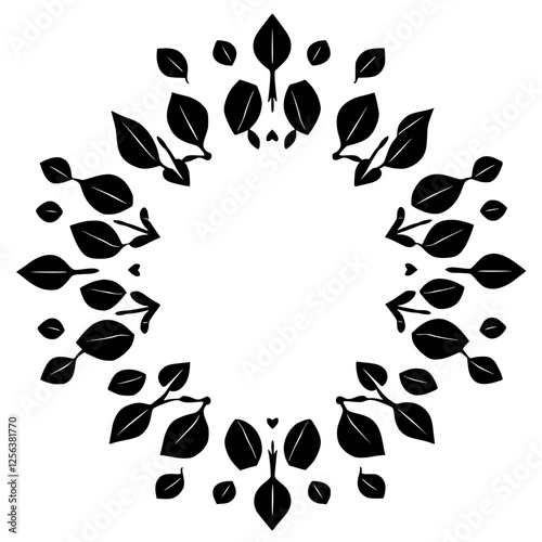 Abstract black and white floral border with a circular arrangement of leaves, arranged in a circular pattern.