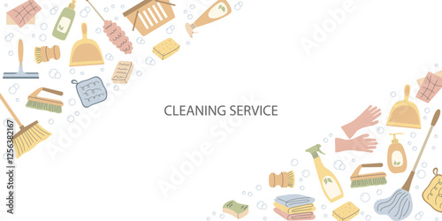 Vector illustration of cleaning tools and supplies arranged in a decorative frame. Ideal for cleaning service flyer, banner, advertisement, website, promotional material. Flat style design