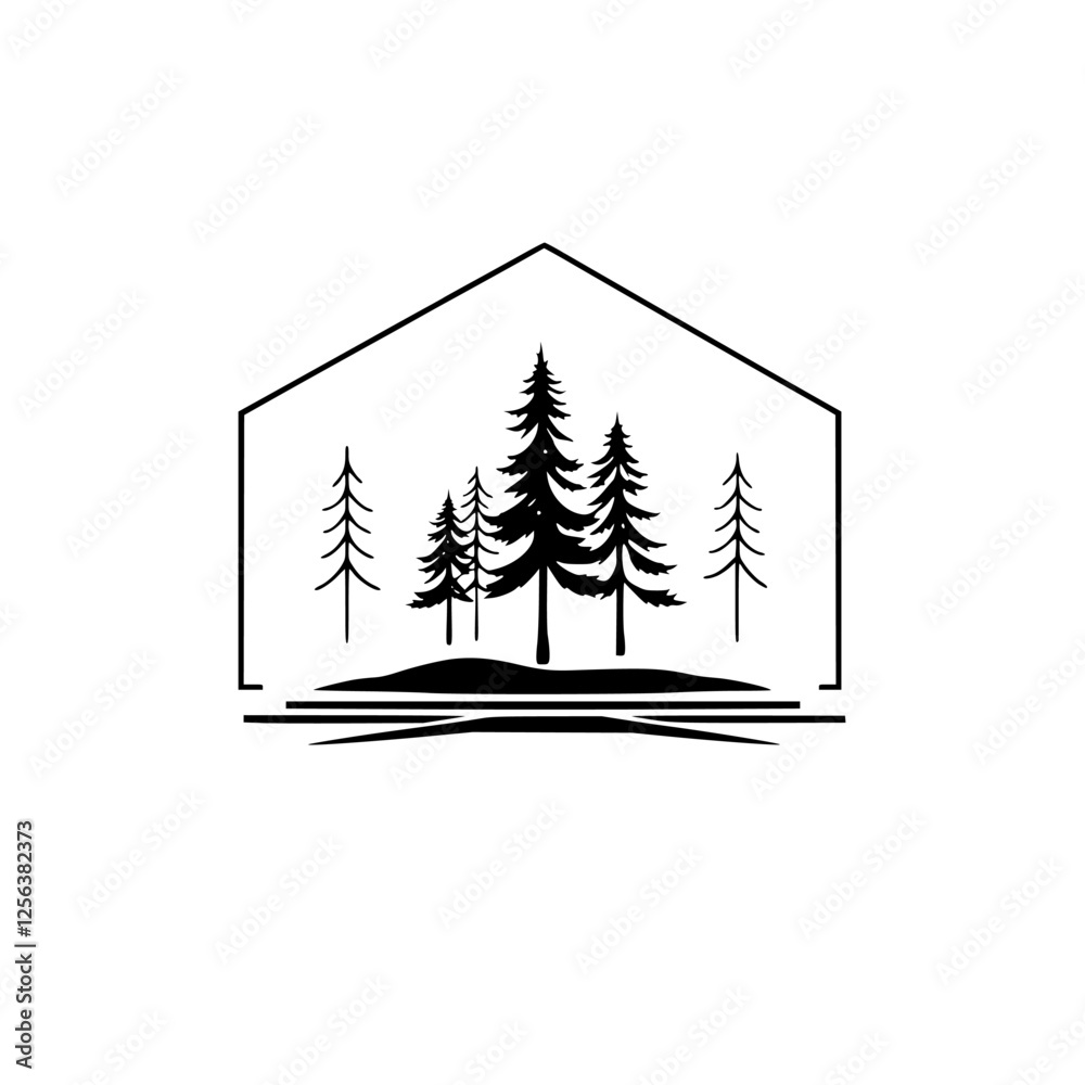 Obraz premium Minimalist Treehouse, Black and white pine silhouette set within a frame, in a simple style, minimalist.