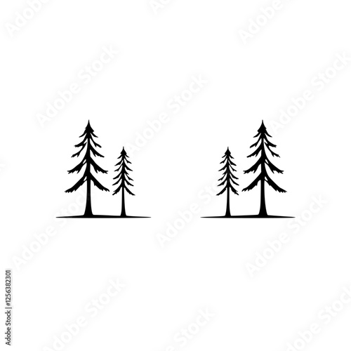 Minimalist Evergreen Forest Silhouettes. Two pairs of stylized trees are positioned against white background.