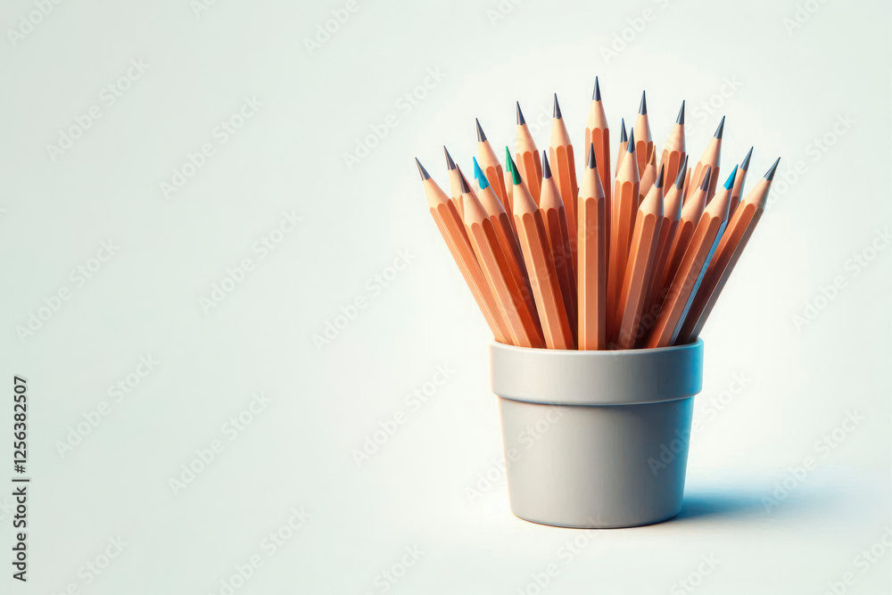Pencils in a glass on a light background. Space for text.
