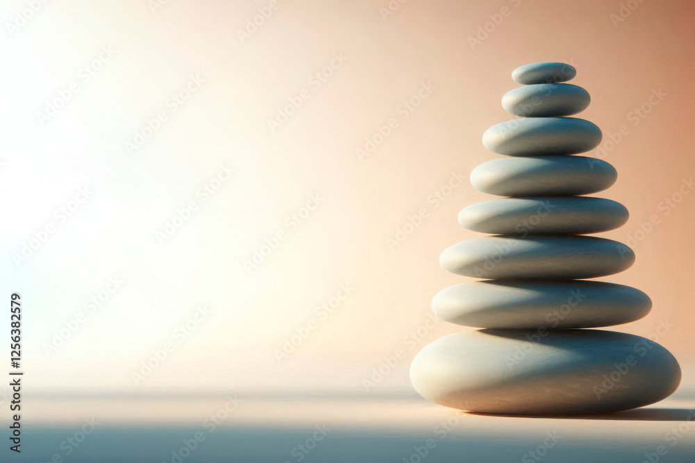 Obraz premium Stone tower made of smooth stones on a light background. Space for text.