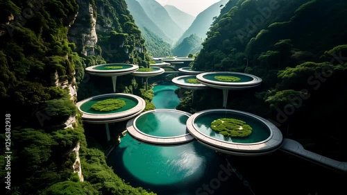 Futuristic architectural structures in a green mountainous landscape, featuring water bodies and bridges