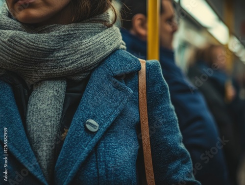 Closeup of a Female Commuter in Her 20s Standing Near a Man in a Crowded Train, Featuring a Wet Armpit and Blue Coat