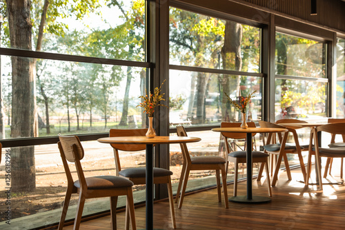 Stylish cafe with large windows. Interior design