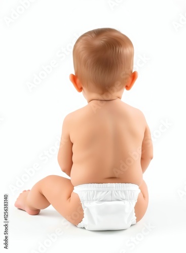 an image of a baby sitting on the ground wearing a diaper, there is a baby sitting on the floor wearing a diaper photo