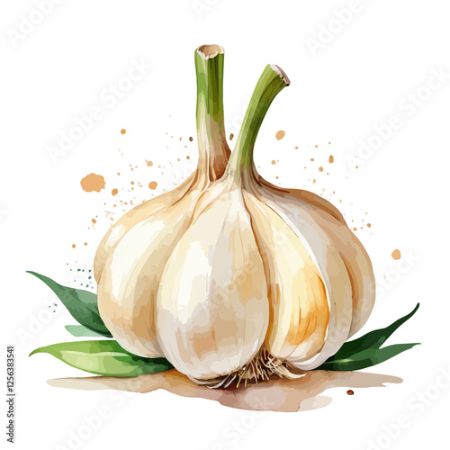 Hand-drawn watercolor garlic set on a white background. Fresh whole garlic bulbs and cloves in a realistic artistic style. Perfect for culinary, organic food, and kitchen designs.