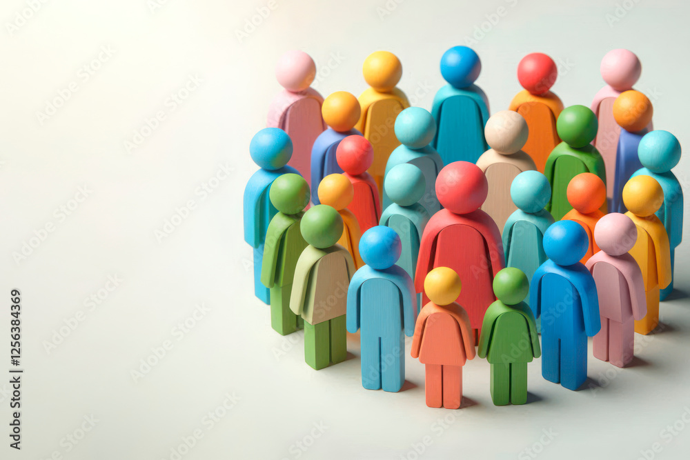 Wooden multi-colored figures of people on a light background. Space for text. Wooden multi-colored figures of people on a light background. Space for text.