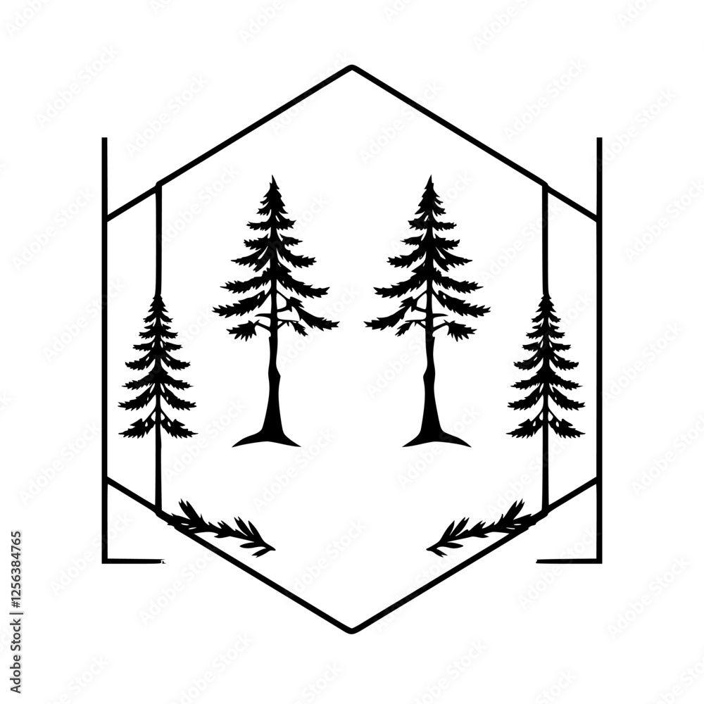 Obraz premium Minimalist Black and White Silhouette of Pine Trees in Hexagonal Frame