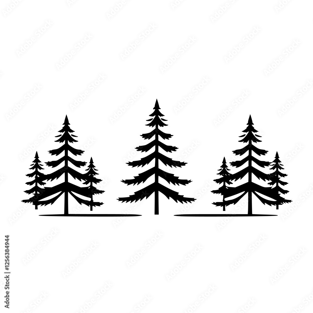 Fototapeta premium Silhouette of several evergreen trees against a white background.