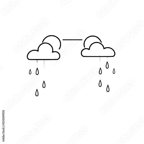 Minimalist rain cloud art featuring two clouds, the sun, and rain droplets.