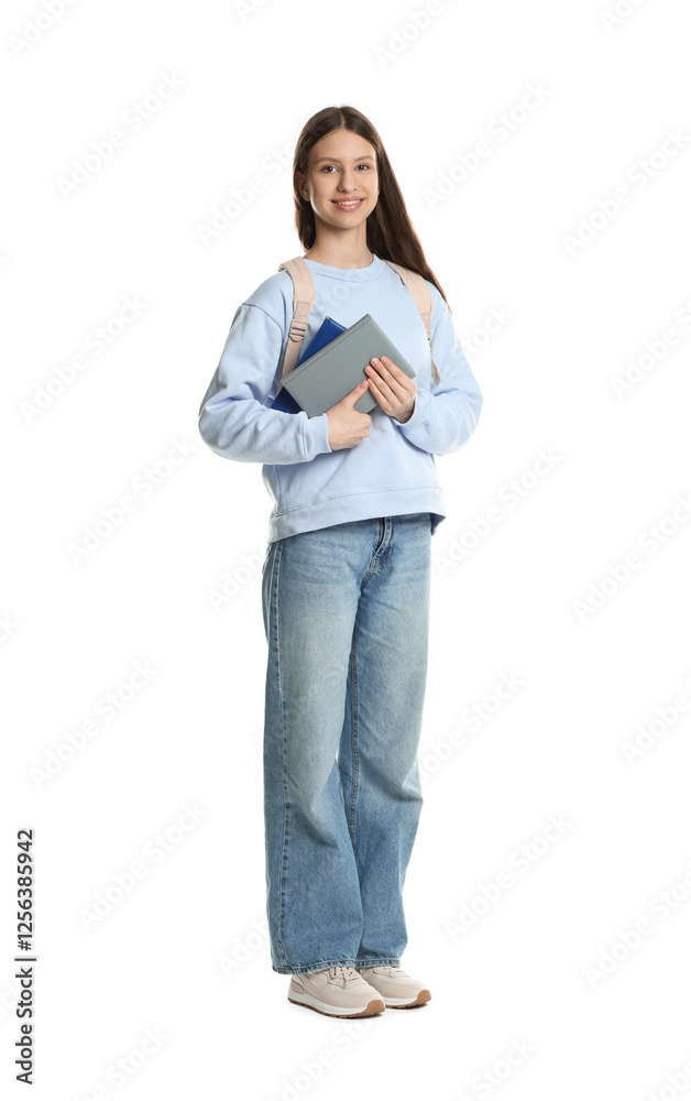 Smiling teenage girl with books on white background Smiling teenage girl with books on white background