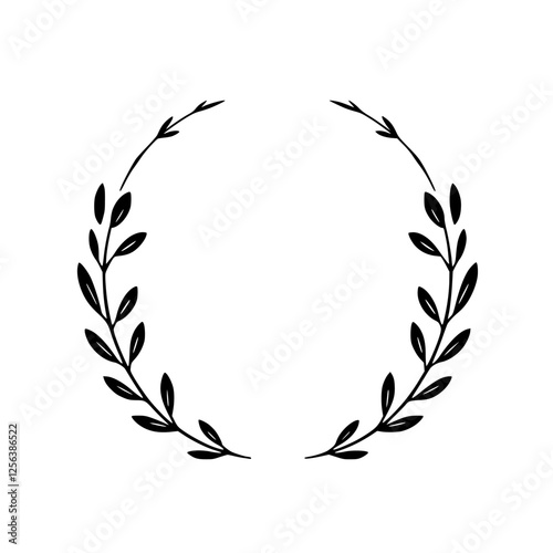 Black and White minimalist illustration of a circular leaf wreath frame for design.