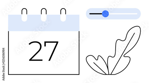 Plain calendar page displaying number 27, adjustable horizontal blue slider, abstract leaf design. Ideal for scheduling, time management, organization, reminders, appointments, digital interfaces