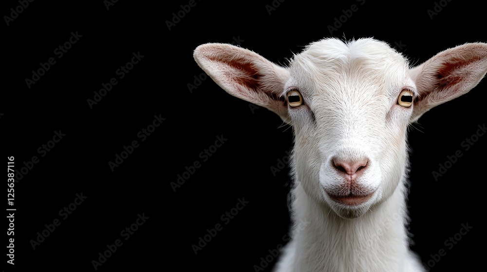 Close-up portrait of a white goat against black background. Possible use Stock photo Close-up portrait of a white goat against black background. Possible use Stock photo