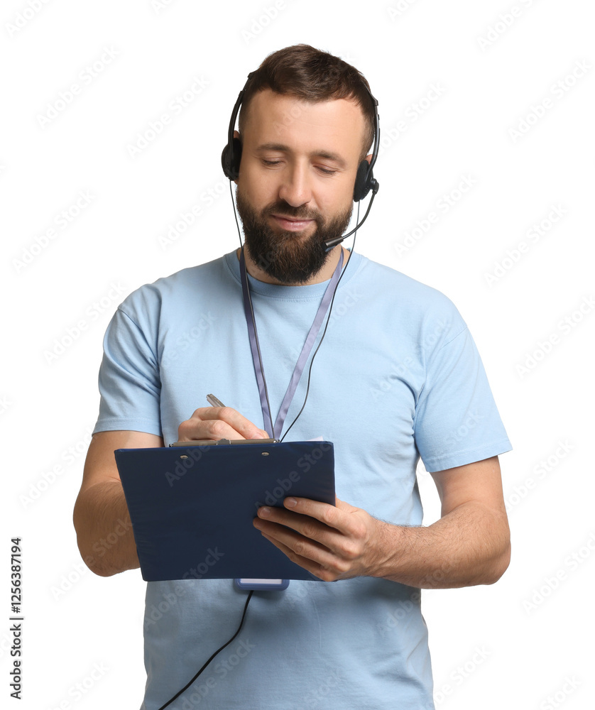 Technical support call center. Operator with clipboard on white background Technical support call center. Operator with clipboard on white background