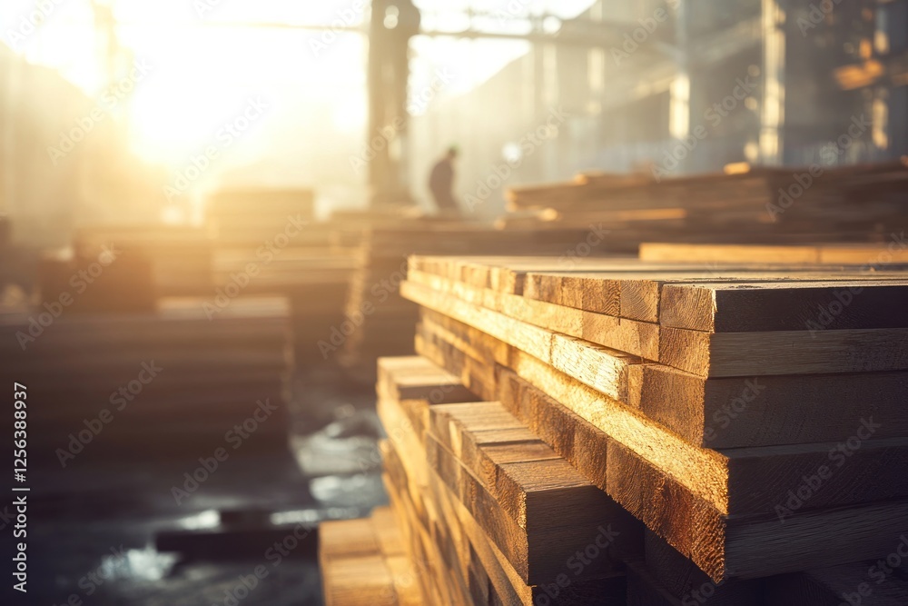 Obraz premium Golden Hour Lumber: Stacks of Wood in a Warehouse