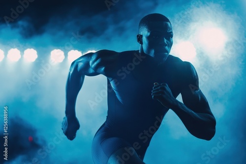 Powerful male athlete sprinting under dramatic lighting in a black and white sports scene