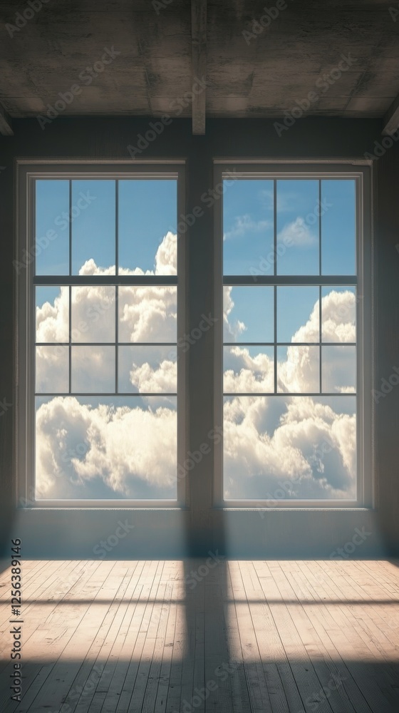 Fototapeta premium Bright and airy interior space with large windows overlooking a cloudy sky
