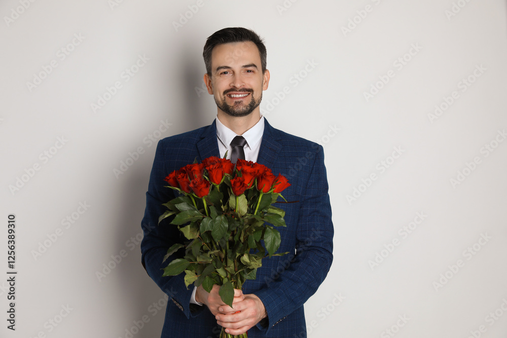 Happy Valentine's Day. Handsome man with bouquet of roses on white background Happy Valentine's Day. Handsome man with bouquet of roses on white background