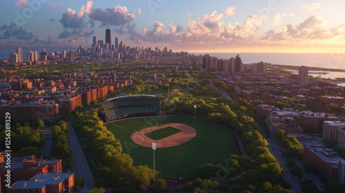 Aerial View of Lakeview Midday: Capturing the Vibrant Urban Landscape of Chicago Near Wrigley and the Baseball Stadium