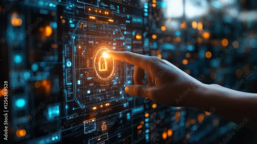 Futuristic digital interface with a glowing padlock symbol being activated by human hand. Concept cybersecurity, data protection, encryption, and secure access in high-tech environment.
