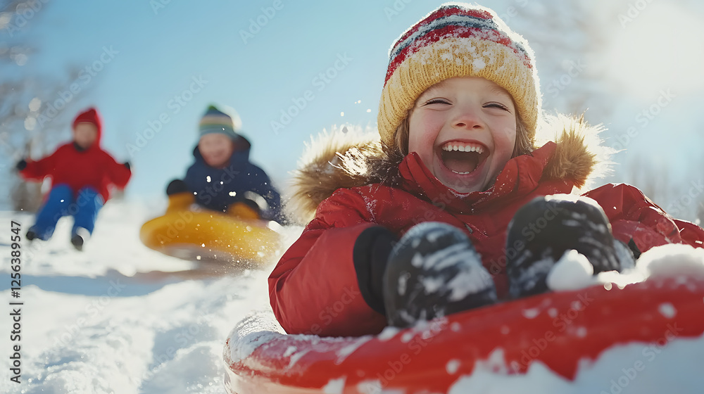 Winter Fun: Kids Sledding Down a Snowy Hill. Pure Joy! Laughing and playing outside, making memories in the winter wonderland. Winter Fun: Kids Sledding Down a Snowy Hill. Pure Joy! Laughing and playing outside, making memories in the winter wonderland.