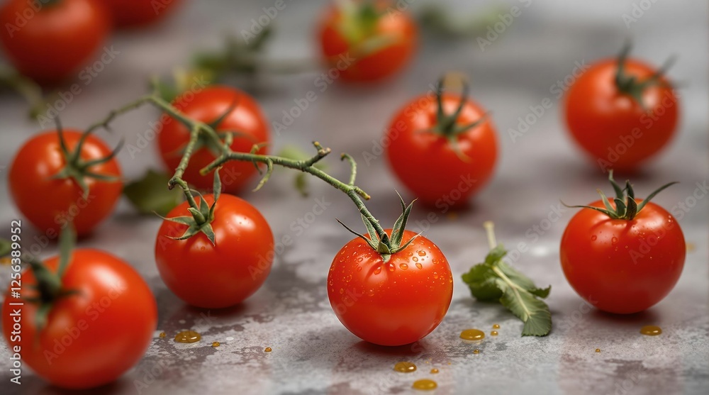 A close-up shot of cherry tomatoes with their vibrant red hue and green stems, set against a blurred background. A close-up shot of cherry tomatoes with their vibrant red hue and green stems, set against a blurred background.