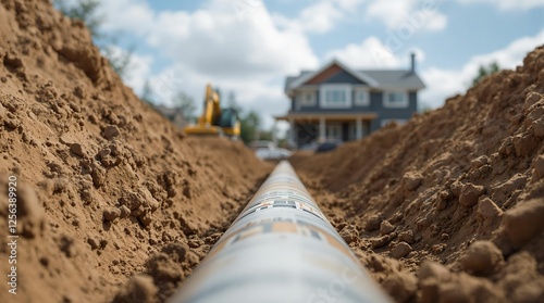 A construction site with a large pipe in the foreground, surrounded by mud. In the background, there's a building with a crane, and the sky is filled with clouds. The image is slightly blurred, giving photo