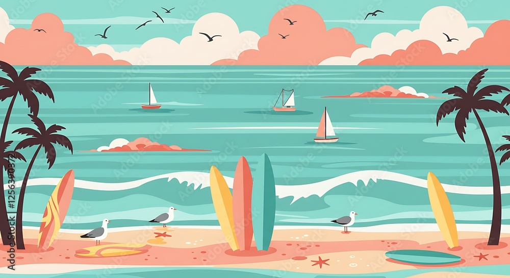 Obraz premium Beach Landscape Tropical Scene seamless pattern