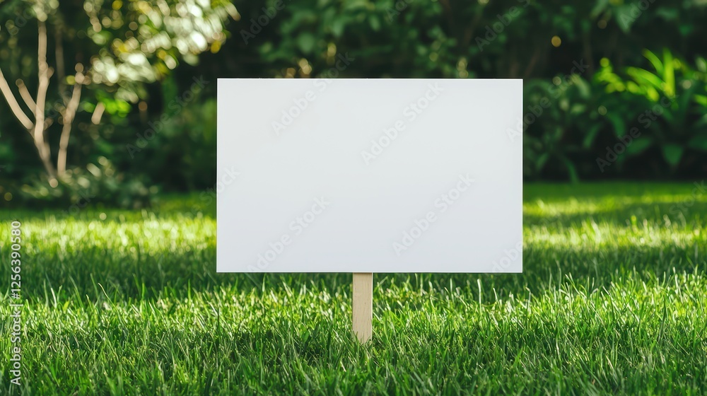 Blank Signboard on Green Grass in Sunny Outdoor Garden Setting Blank Signboard on Green Grass in Sunny Outdoor Garden Setting