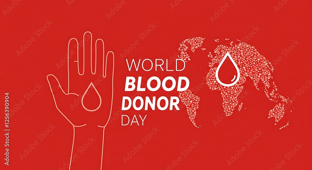 Obraz premium Blood donation medical vector poster concept. World Blood Donor Day icon. Human hand, red drop transfusion medical symbol design element illustration. Save life treatment banner template background