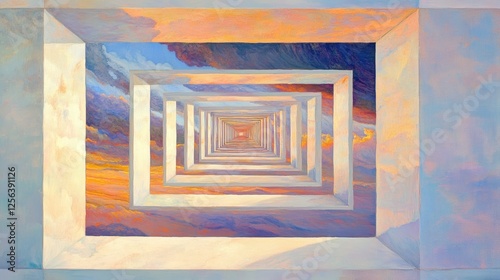 A surreal painting of nested frames receding into a vibrant sunset sky. Warm colors and a sense of depth create a captivating dreamscape.