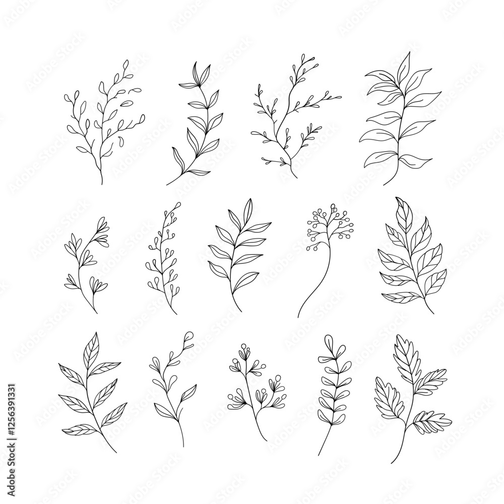 Fototapeta premium A collection of hand-drawn botanical elements with intricate floral details. Suitable for digital art, fabric prints, greeting cards, and branding.
